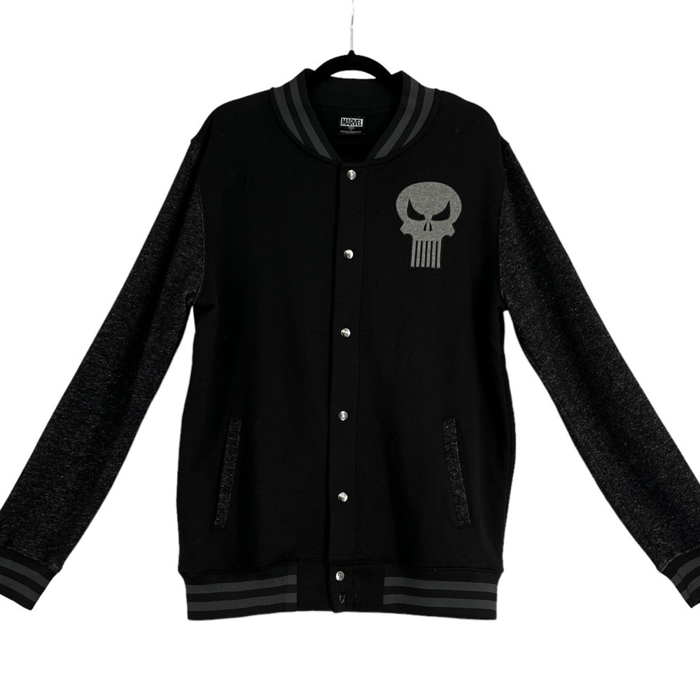 MARVEL Men's Varsity Jacket The Punisher Snap Button Skull Black Gray Size L
